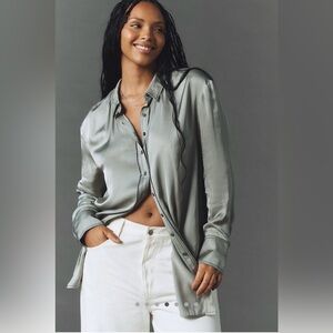 Pilcro Longline Silky Buttondown Shirt Grey vetiver Anthropologie NWT Size S